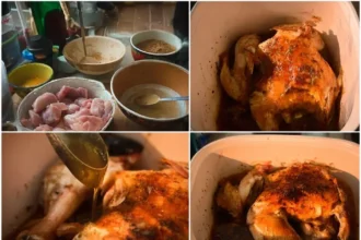 Delicious oven roasted chicken garnished with herbs and spices.