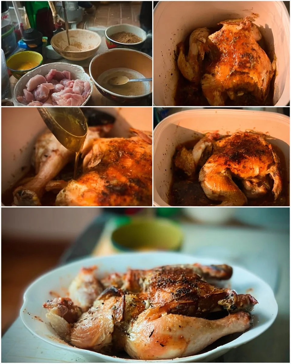 Delicious oven roasted chicken garnished with herbs and spices.