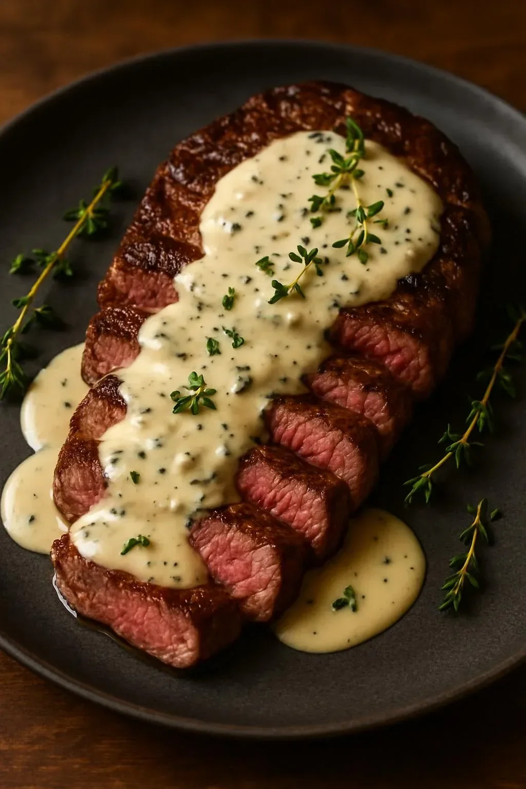 Pan-Seared New York Strip Steak served with Gorgonzola Cream Sauce