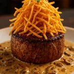 Juicy peppercorn filet mignon steak garnished and ready to serve.