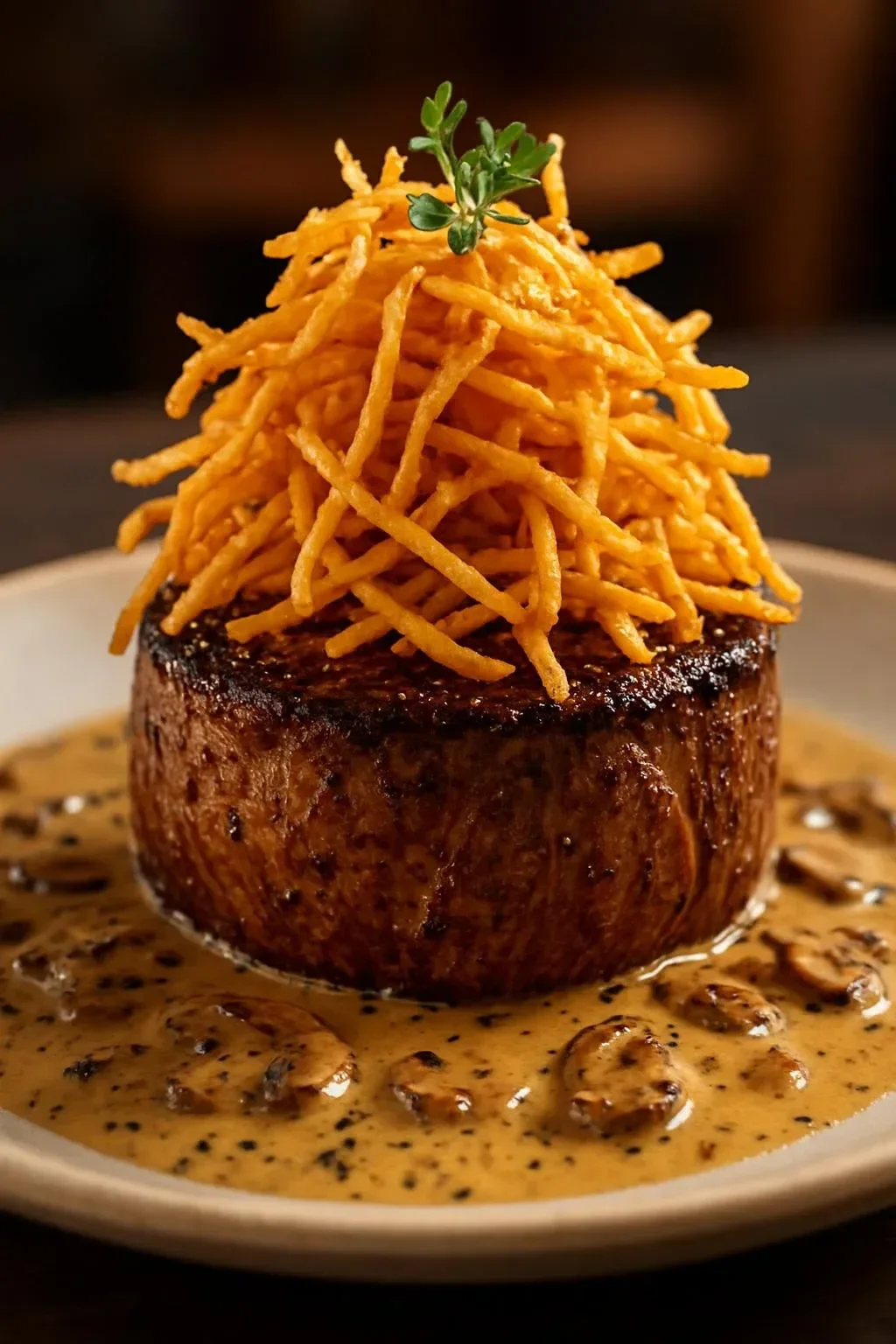 Juicy peppercorn filet mignon steak garnished and ready to serve.