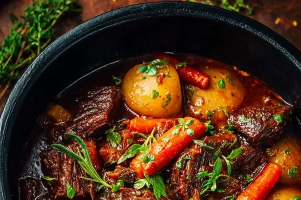 Red wine-braised beef stew with potatoes and carrots in a bowl