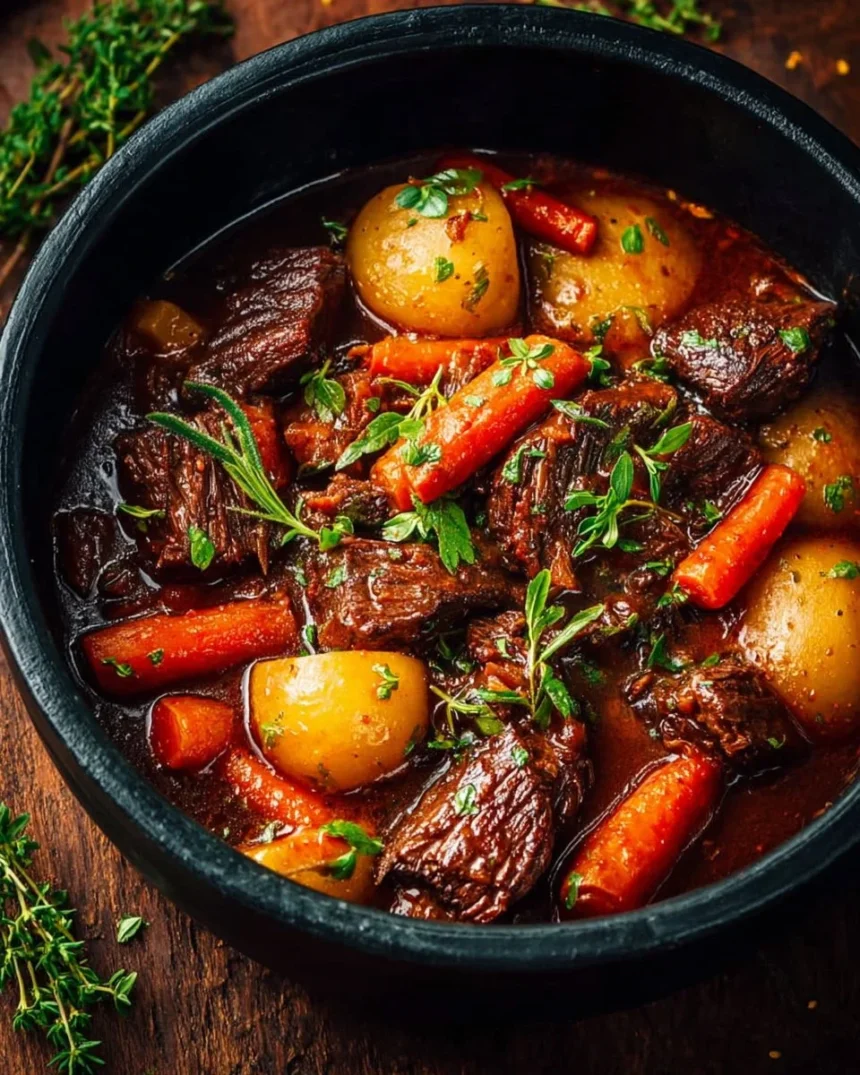 Red wine-braised beef stew with potatoes and carrots in a bowl