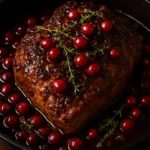 Ribeye roast with cranberry balsamic glaze garnished on a serving platter