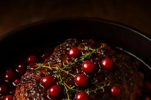 Ribeye roast with cranberry balsamic glaze garnished on a serving platter