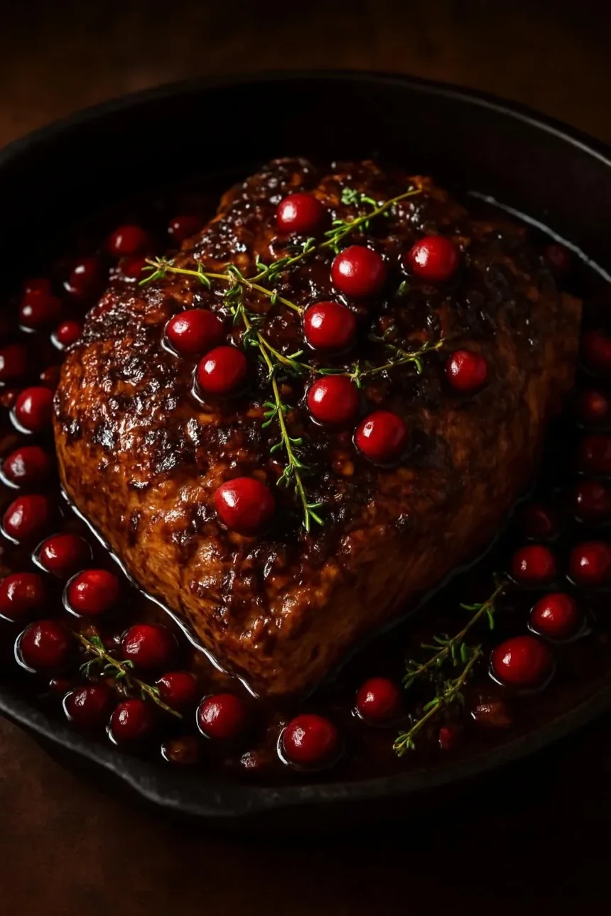 Ribeye roast with cranberry balsamic glaze garnished on a serving platter