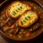 Delicious bowl of rich French onion soup topped with Gruyère cheese and short ribs