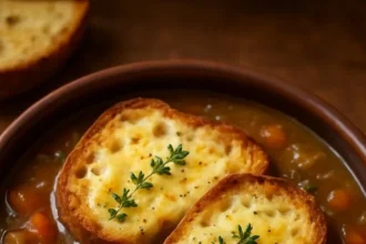 Delicious bowl of rich French onion soup topped with Gruyère cheese and short ribs
