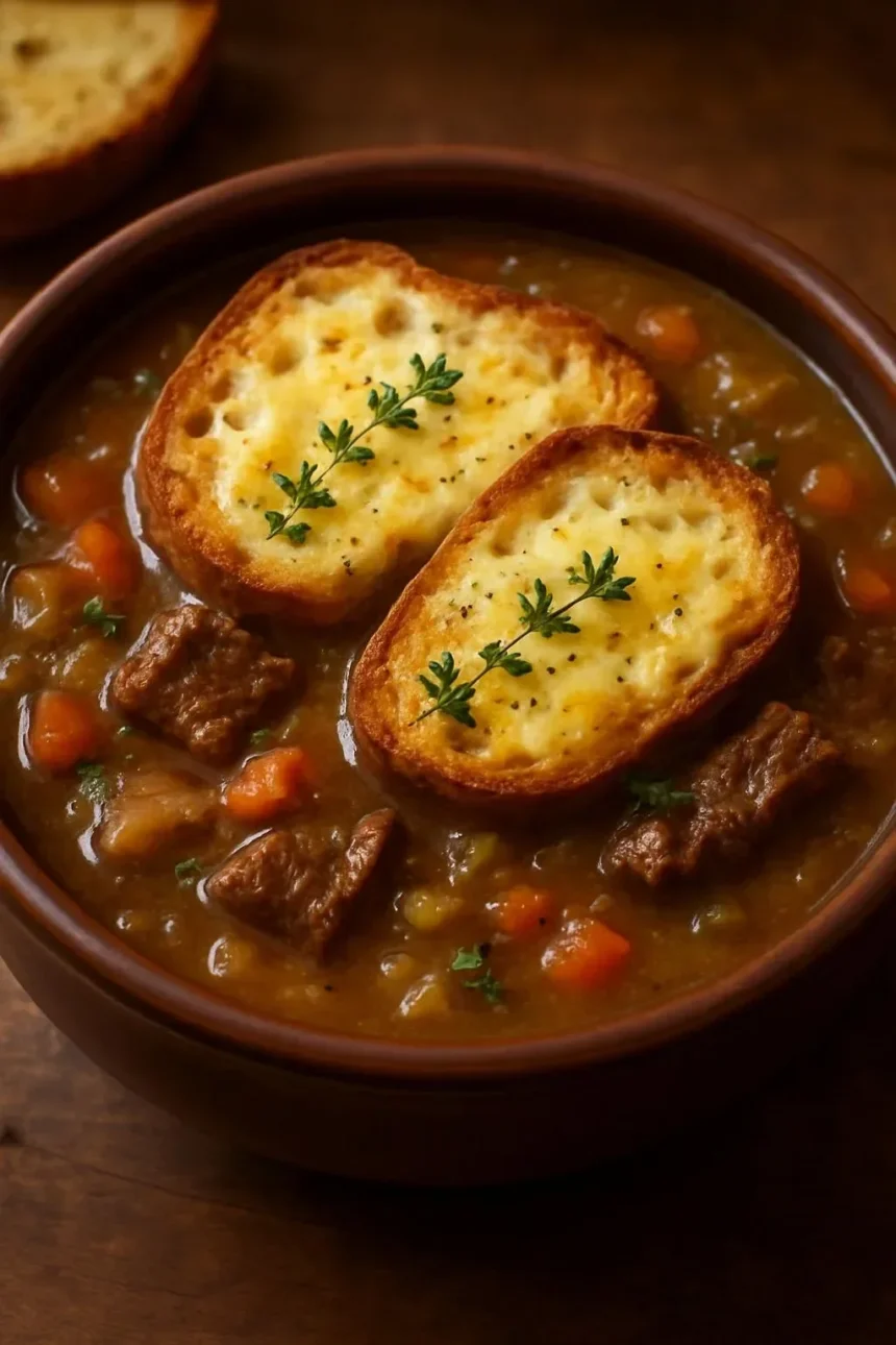 Delicious bowl of rich French onion soup topped with Gruyère cheese and short ribs