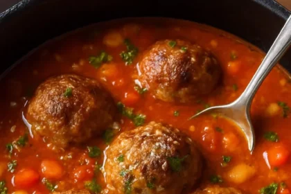 Bowl of rustic Parmesan meatball and white bean tomato soup topped with herbs