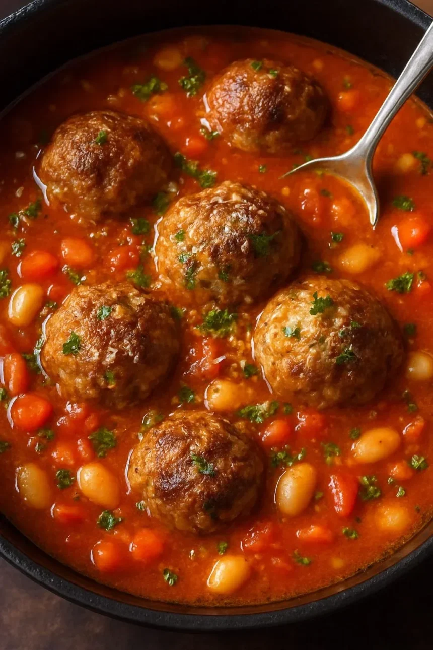 Bowl of rustic Parmesan meatball and white bean tomato soup topped with herbs