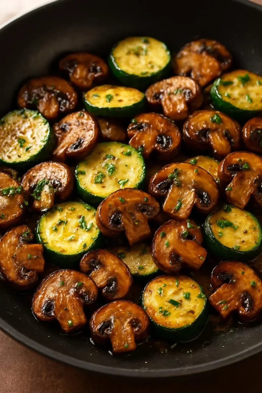 Sautéed zucchini and mushrooms served on a plate, garnished with herbs.