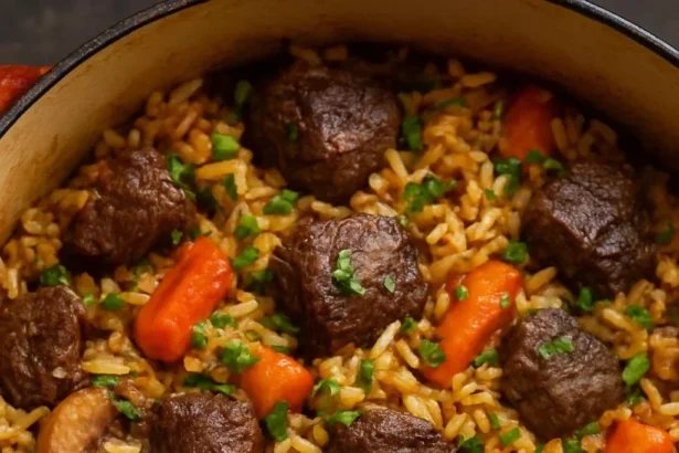 Savory beef mushroom rice pilaf served in a bowl with fresh herbs.