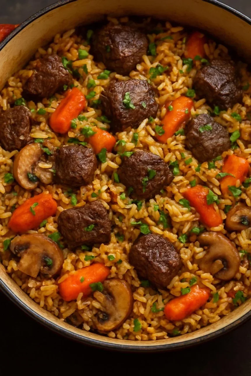 Savory beef mushroom rice pilaf served in a bowl with fresh herbs.