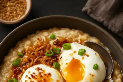 Savory oatmeal bowl with poached eggs, ginger, and sesame on top.