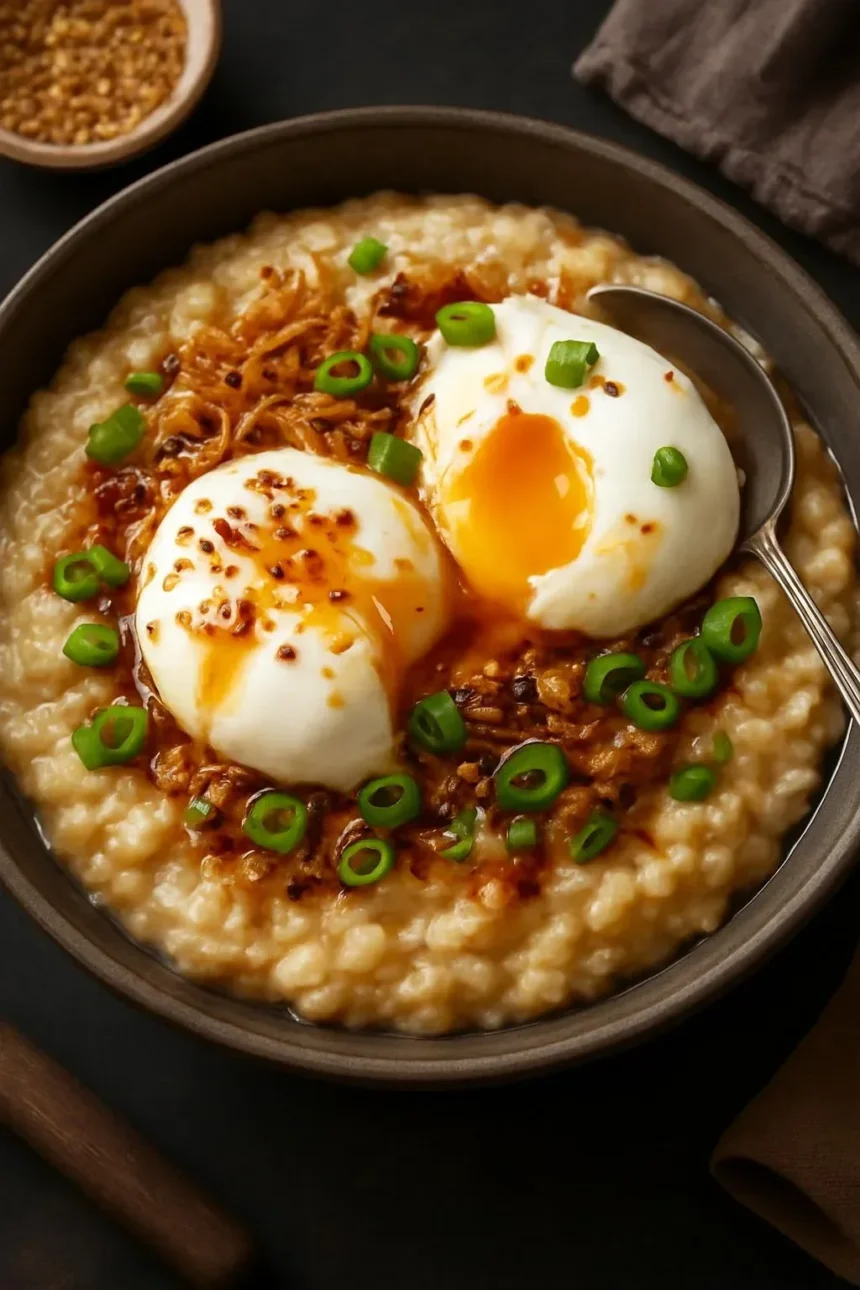 Savory oatmeal bowl with poached eggs, ginger, and sesame on top.