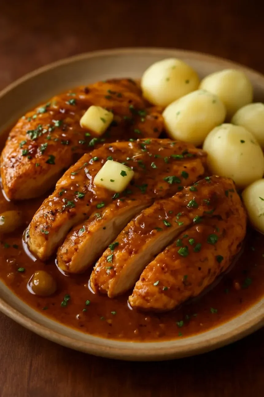 Savory Southern Delight Crock Pot Chicken in a dish, showcasing tender chicken and spices.