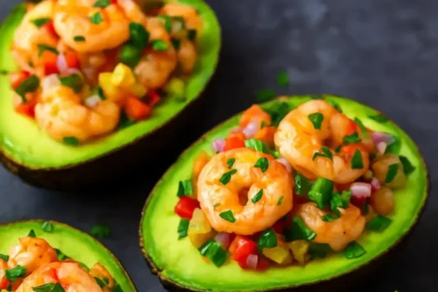 Shrimp-stuffed avocados served on a plate, garnished with lime and cilantro