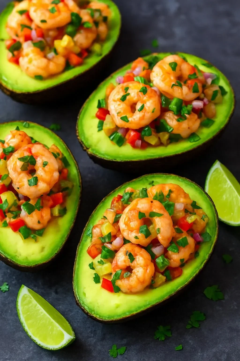 Shrimp-stuffed avocados served on a plate, garnished with lime and cilantro