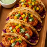 Shrimp tacos with mango salsa and creamy cilantro sauce on a plate