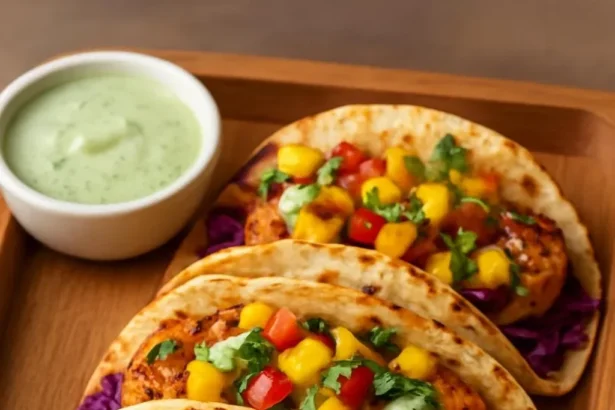 Shrimp tacos with mango salsa and creamy cilantro sauce on a plate