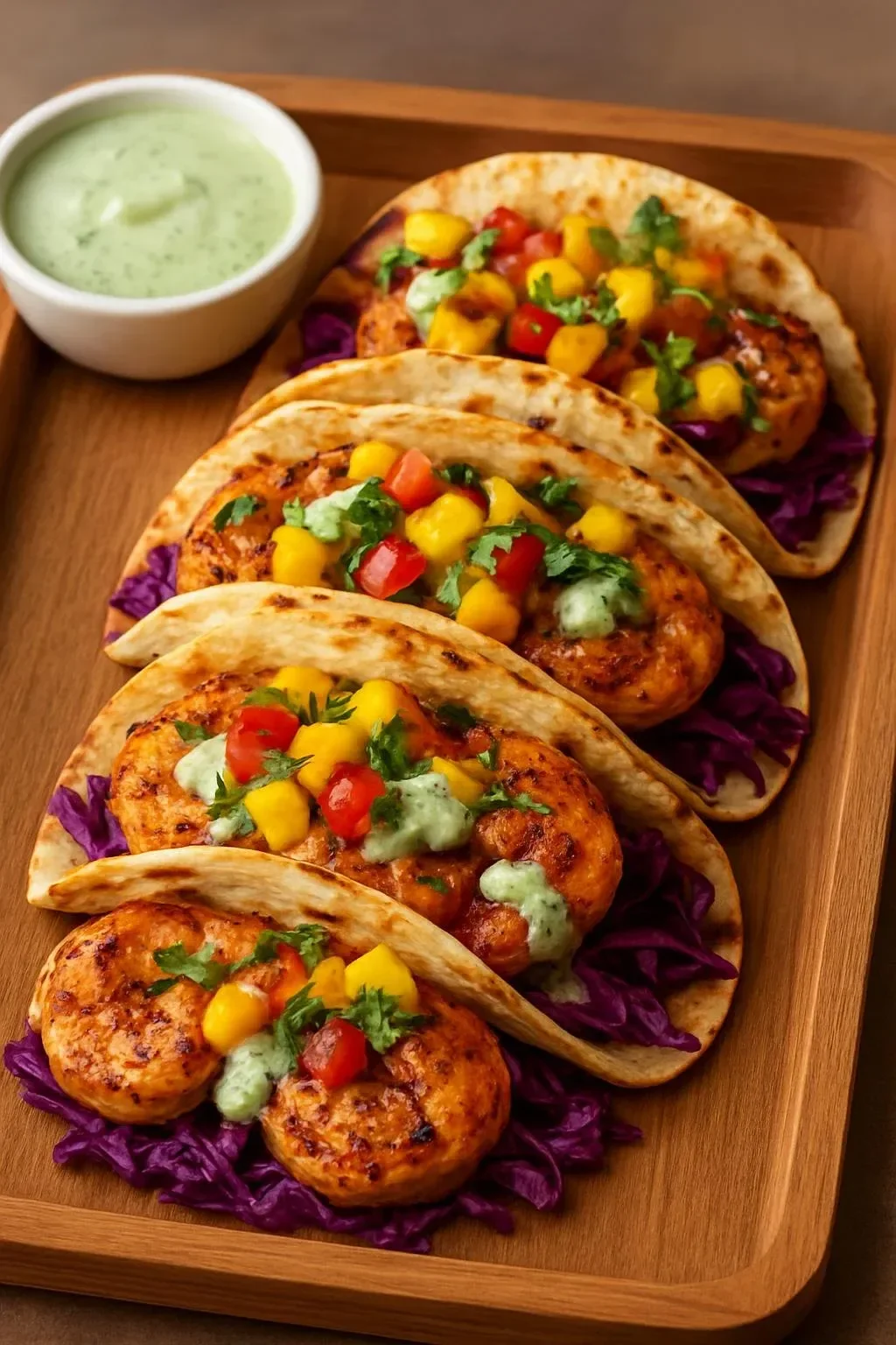 Shrimp tacos with mango salsa and creamy cilantro sauce on a plate