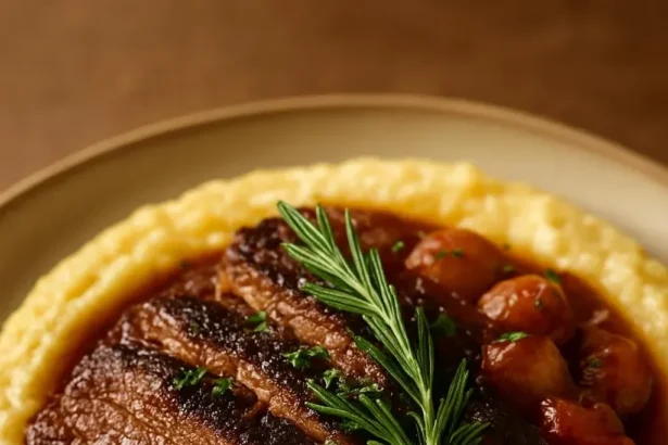 Delicious slow-braised beef brisket served with herb grits