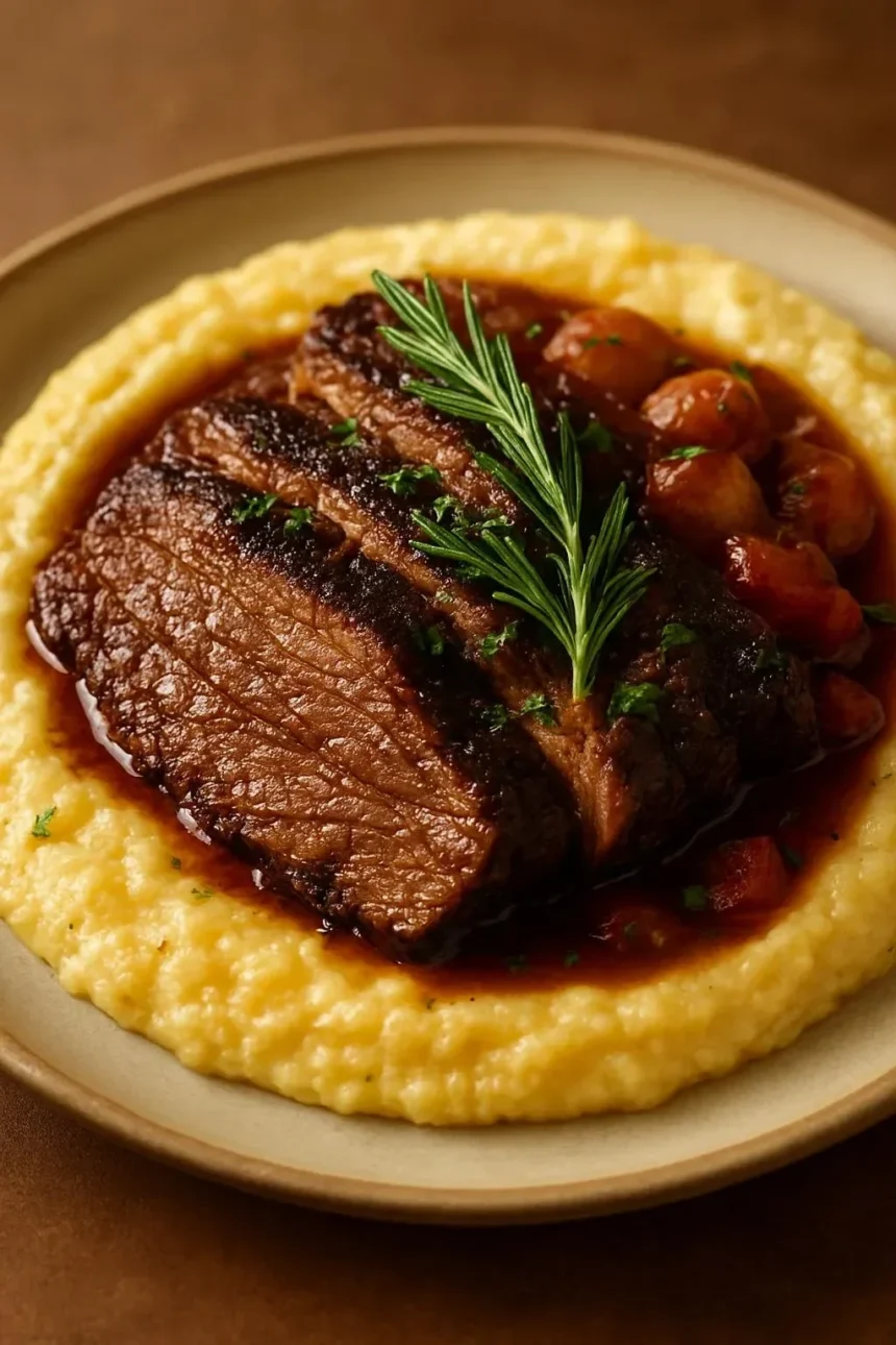 Delicious slow-braised beef brisket served with herb grits