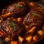 Slow-cooked lamb shanks served with herb-infused gravy on a plate.