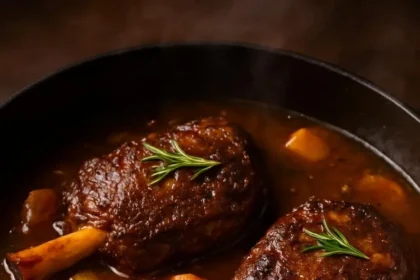 Slow-cooked lamb shanks served with herb-infused gravy on a plate.