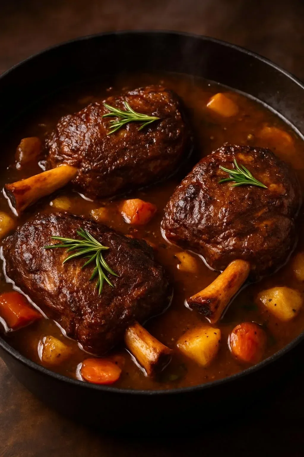 Slow-cooked lamb shanks served with herb-infused gravy on a plate.