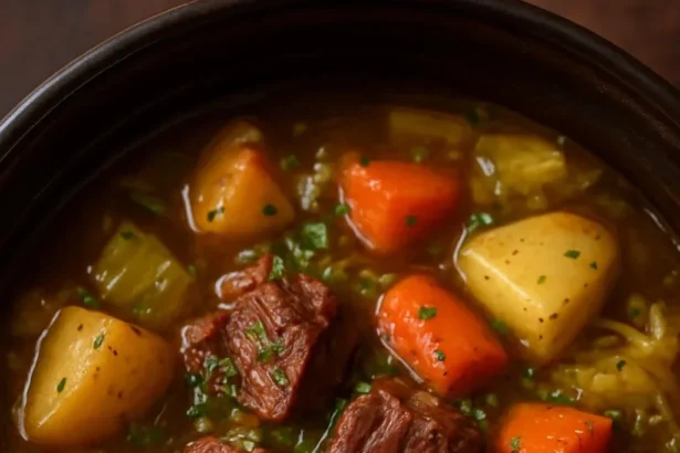 Slow cooker corned beef and cabbage stew in a pot with fresh herbs