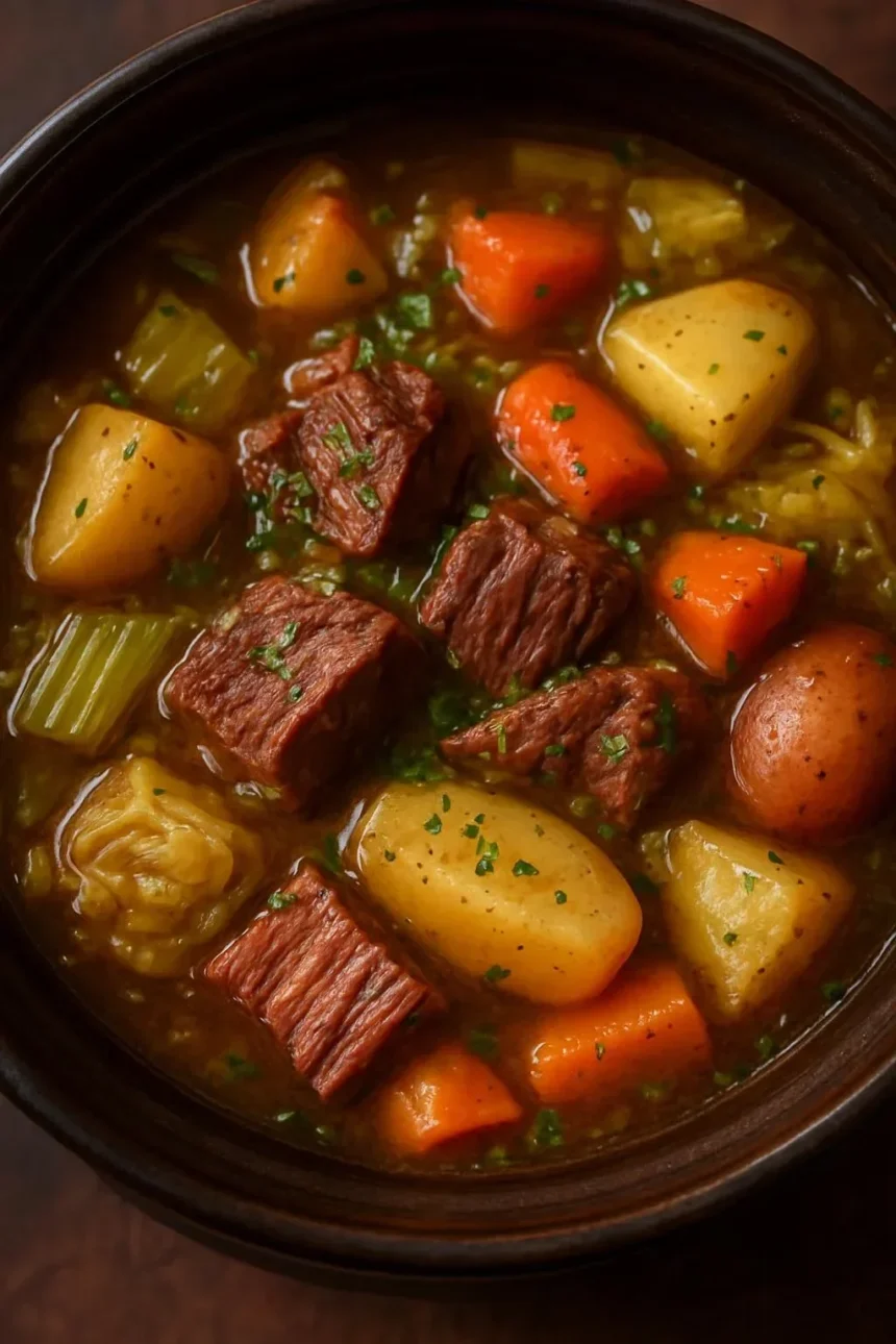 Slow cooker corned beef and cabbage stew in a pot with fresh herbs