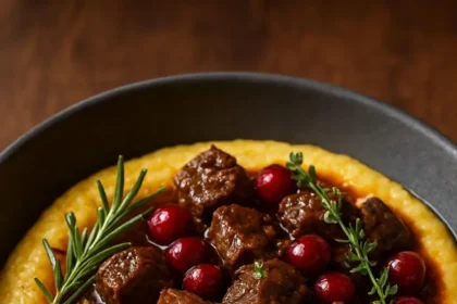Slow Cooker Cranberry Beef Stew served with creamy polenta in a bowl