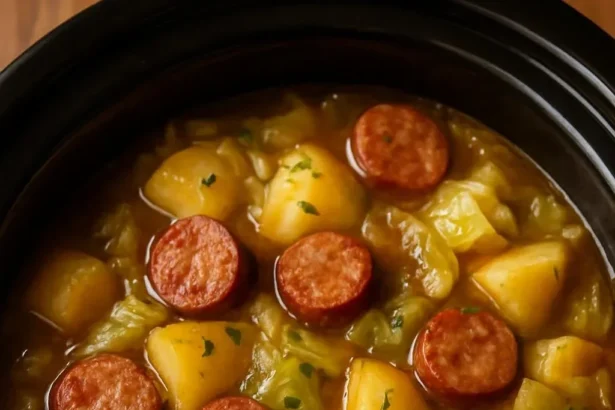 Delicious slow cooker kielbasa with cabbage and potatoes in a serving dish