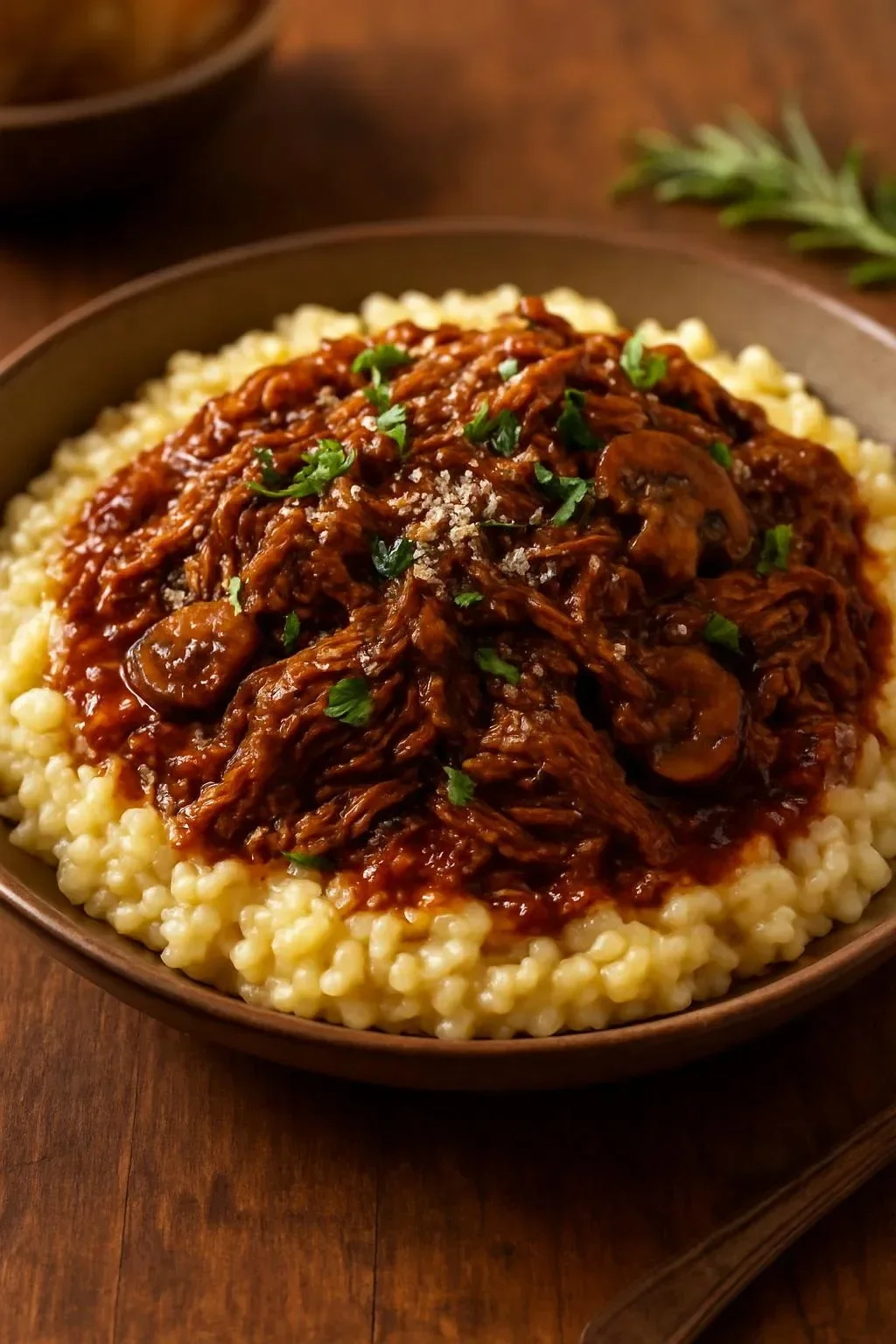 Slow Cooker Mushroom Tomato Pot Roast with Creamy Parmesan Risotto