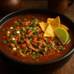Bowl of smoky black bean soup with shredded chicken, chipotle, and lime garnish.