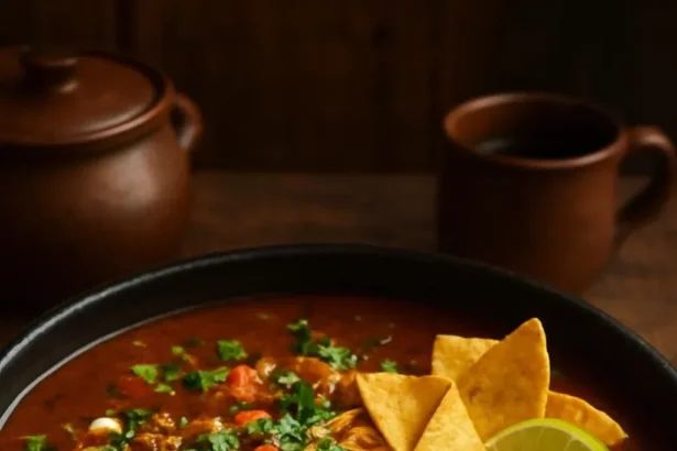 Bowl of smoky black bean soup with shredded chicken, chipotle, and lime garnish.