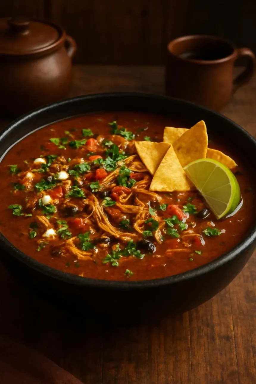 Bowl of smoky black bean soup with shredded chicken, chipotle, and lime garnish.
