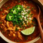 Smoky chicken, bean and rice soup served in a bowl.