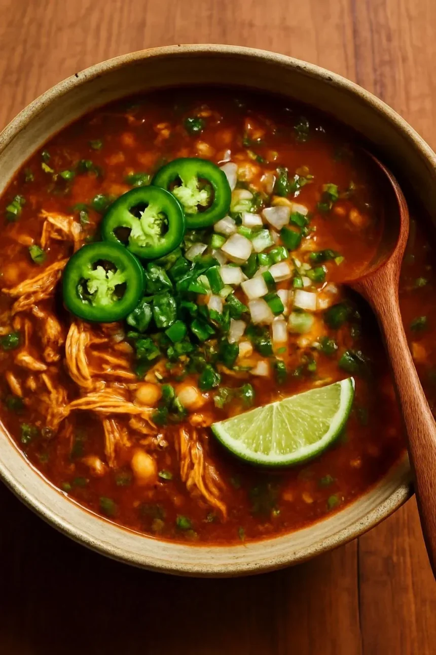 Smoky chicken, bean and rice soup served in a bowl.