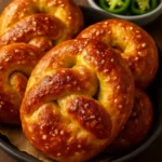 Delicious spicy cheddar and Monterey Jack jalapeño pretzels fresh out of the oven