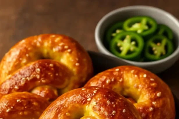 Delicious spicy cheddar and Monterey Jack jalapeño pretzels fresh out of the oven