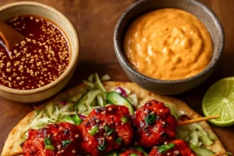 Spicy Gochujang Chicken served with crunchy slaw and creamy gochujang aioli