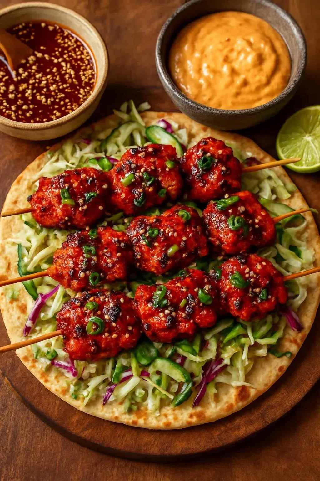 Spicy Gochujang Chicken served with crunchy slaw and creamy gochujang aioli