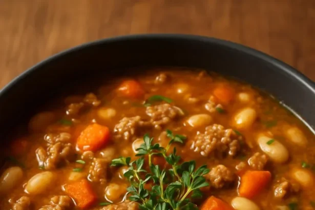Bowl of spicy Italian sausage and cannellini bean soup garnished with herbs