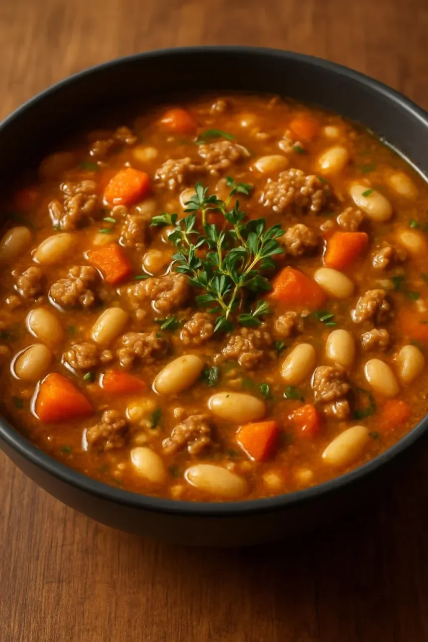 Bowl of spicy Italian sausage and cannellini bean soup garnished with herbs
