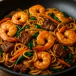 Delicious Steak-and-Shrimp Lo Mein served in a bowl with vibrant vegetables