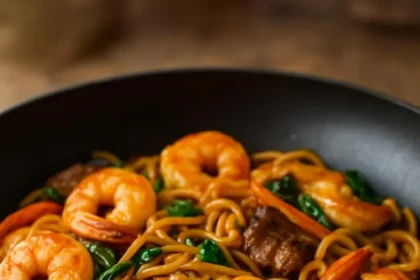 Delicious Steak-and-Shrimp Lo Mein served in a bowl with vibrant vegetables