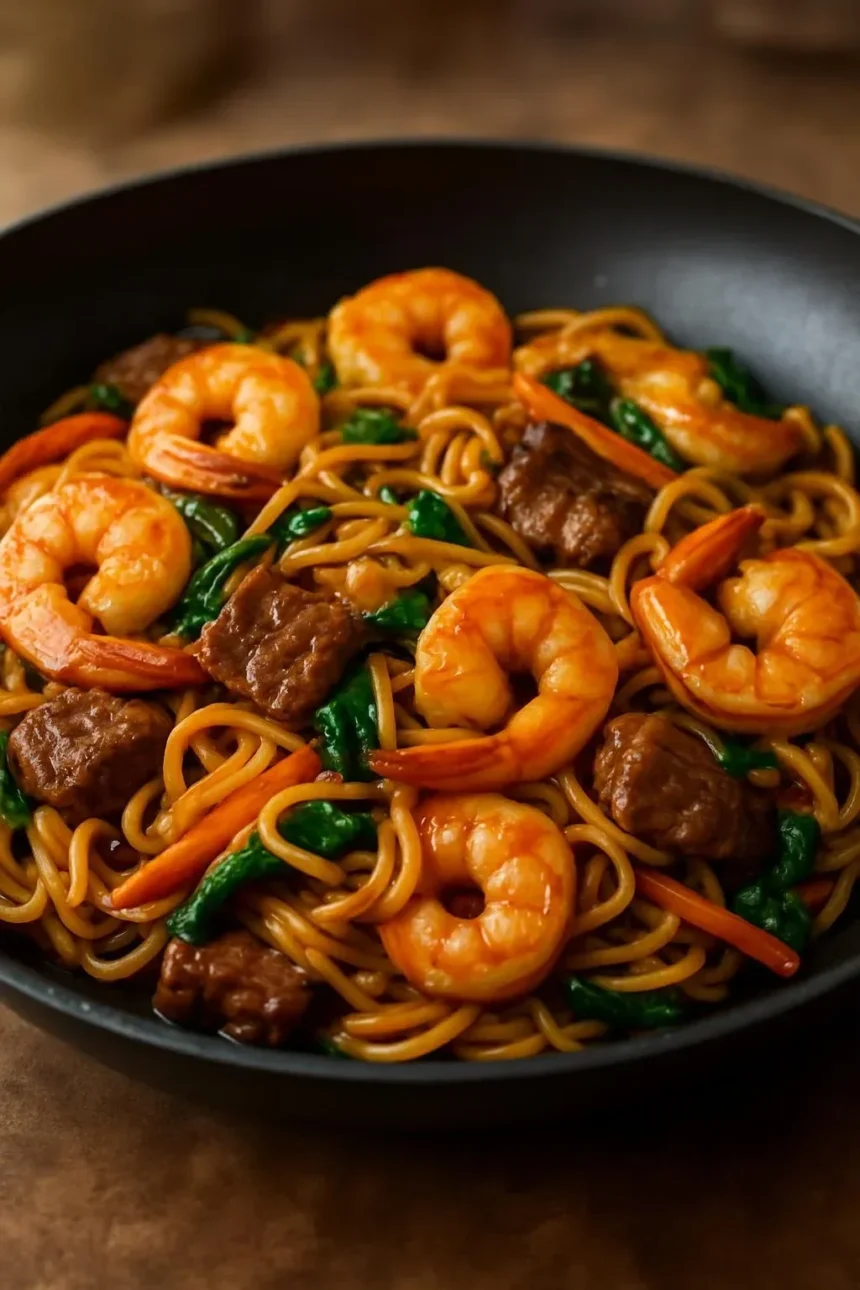 Delicious Steak-and-Shrimp Lo Mein served in a bowl with vibrant vegetables